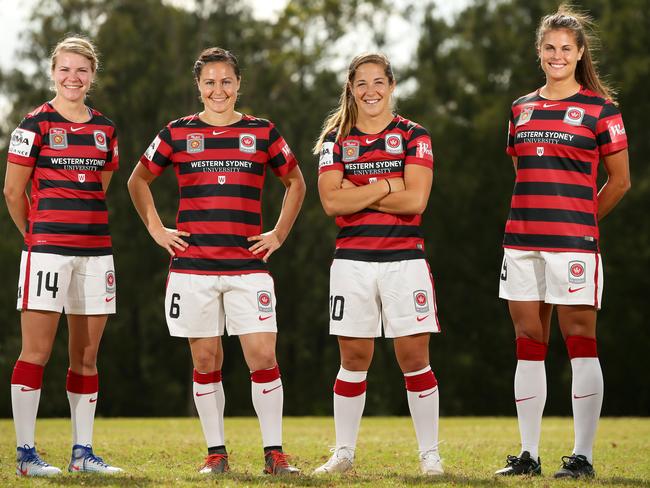 Wanderers W League players Alex Arlitt, Kendall Fletcher, Paige Nielsen and Katie Stengel. Picture: Justin Sanson