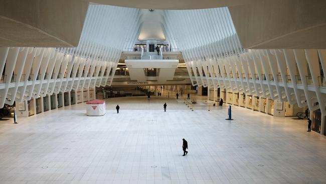 The Oculus transportation hub and mall stands nearly deserted in lower Manhattan in New York City. Picture: Getty Images