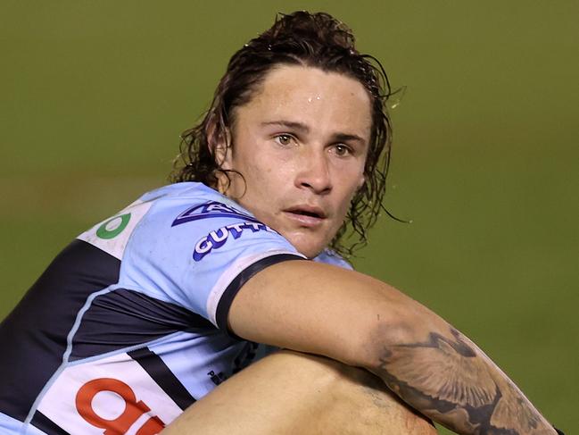 SYDNEY, AUSTRALIA - SEPTEMBER 10:  Nicholas Hynes of the Sharks reacts after losing the NRL Qualifying Final match between the Cronulla Sharks and the North Queensland Cowboys at PointsBet Stadium on September 10, 2022 in Sydney, Australia. (Photo by Mark Kolbe/Getty Images)