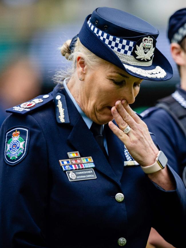 Queensland Police Commissioner Katarina Carroll during a minute’s silence for the fallen officers. Picture: Patrick Hamilton/AFP