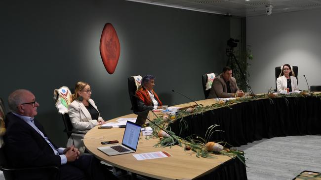 Commission members, from left, Kevin Bell, Sue-Anne Hunter, Eleanor Bourke, Travis Lovett and Maggie Walter. Picture: Brianna Young / Yoorrook Justice Commission.