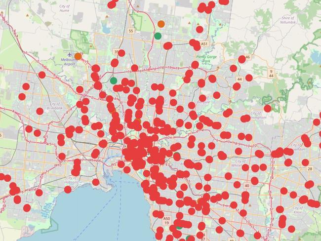 A map showing locations where rapid tests are sold out in Melbourne. Picture: Find A RAT