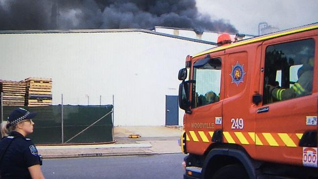 Firefighters tackle the blaze at the recycling plastics factory at Kilburn. Picture: Georgia Westgarth/Nine News Adelaide