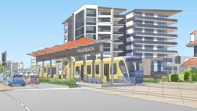 A digital rendering of light rail making its way through Palm Beach. Picture: TMR