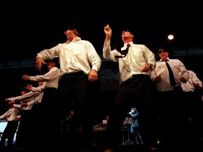 Actors Bryan Brown &amp; John Jarret (centre front) with fellow Aussies Without Cossies during the performance at Sydney's Overseas Passenger Terminal to raise money for Hope for the Children Foundation.