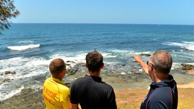 The rescuers, Nathan Steer, Jacob Thomson and Graham Sharry are being recognised with rescue of the month awards because they rescued a kayaker who was attacked by a 4m tiger shark while fishing off Moffat Headland. Picture: John McCutcheon