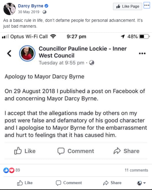 The subsequent post and taunt by Inner West mayor Darcy Byrne seemingly taunting his colleague who was forced to apologise to him.