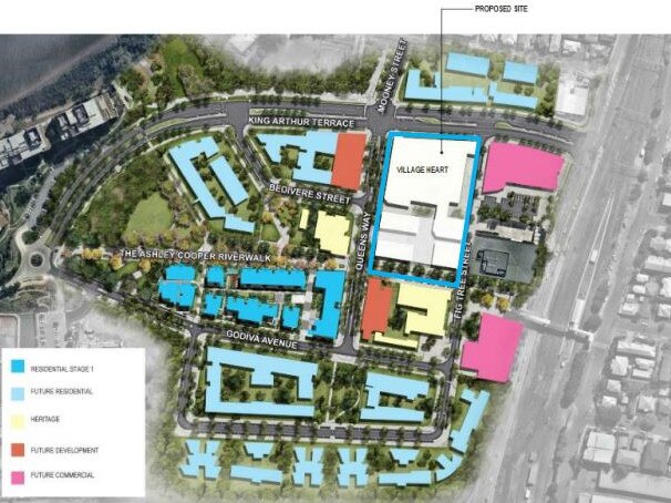 A map of the Yeerongpilly Green transit-oriented development, with the new Village Centre in white. Picture: PD Online