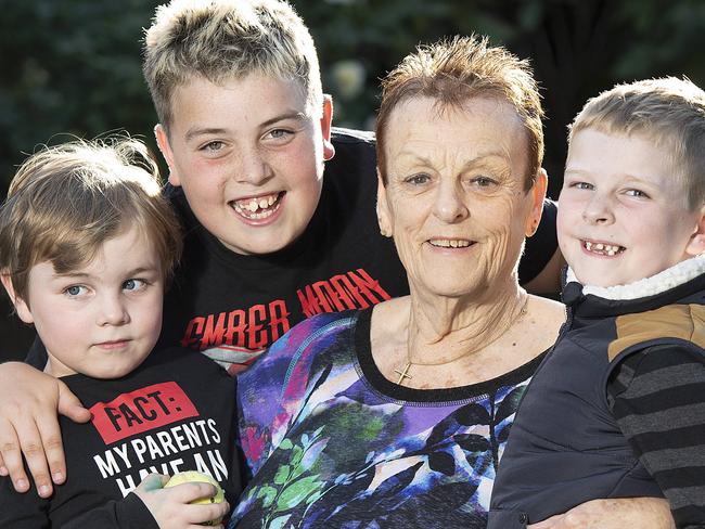 Cheryl Williamson, 72, with her grandkids Denham, 5, Memphis, 10, and Channing, 6. Picture: Ellen Smith