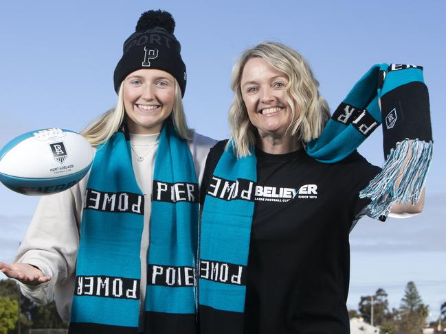 Lifelong Port Adelaide supporters Briony Smith and daughter Ayrlie, 16, nabbed themselves tickets to the Power’s preliminary final on Saturday night. Picture: Emma Brasier