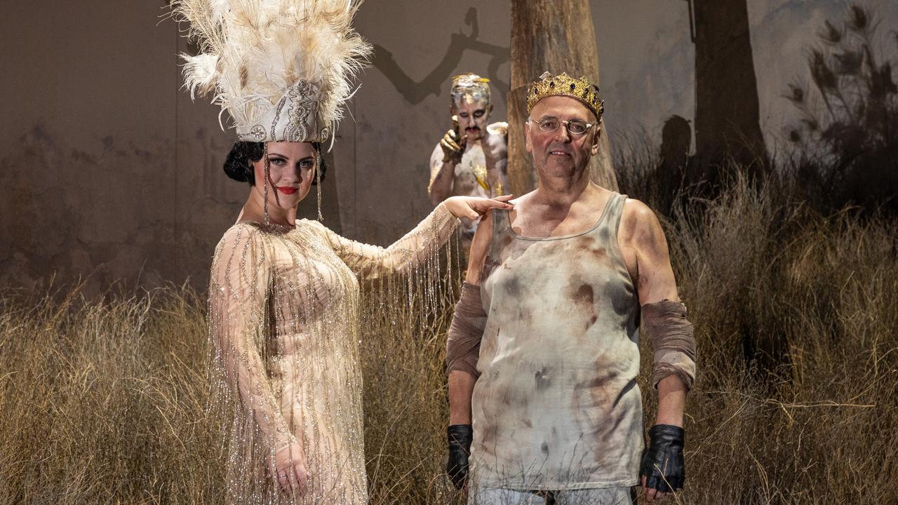 Adelaide Festival 2022. The Golden Cockerel opera singers Venera Gimadieva (Russian soprano) and Pavlo Hunka (British-Ukrainian bass-baritone), with Australian actor Matt Whittet in the background as the cockerel. Picture: Andrew Beveridge