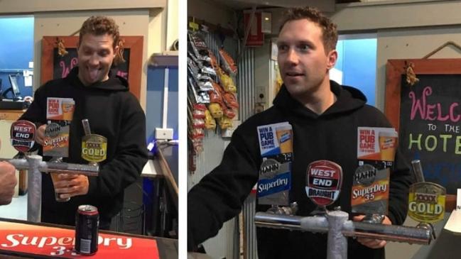 Actor Jai Courtney meeting fans and pulling beers in a Port Augusta pub. He's in SA with Cate Blanchett for new TV series Stateless. Pictures: Supplied