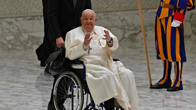 Pope Francis, pictured in January, is showing slight signs of improvement. Picture: AFP