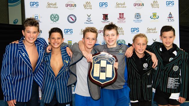 Anglican Church Grammar School, centre, won the junior GPS swimming championship from Nudgee College, left, and Brisbane Boys College. Photo: Brody Grogan