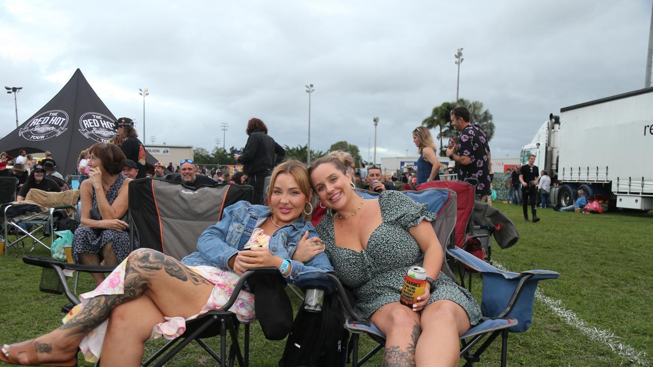 Mahayla Mooney and Mikaela Sharpe enjoy the Cairns edition of the Red Hot Summer Tour, held at the Cairns Showgrounds on May 25 2024. Picture: Angus McIntyre