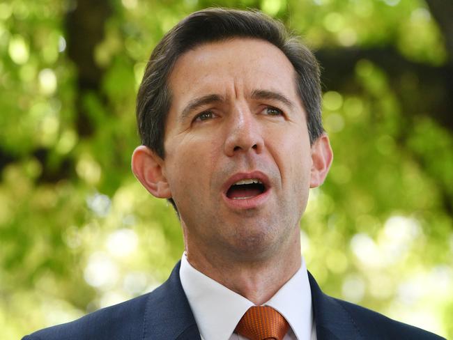 Australian Minister for Education and Training Senator Simon Birmingham speaks to the media at a press conference in Victoria Square, Adelaide, Friday, May 4, 2018. Council of Australian Governments (COAG) Education ministers from across the country have met in Adelaide to pore over a report by businessman David Gonski calling for a curriculum overhaul. (AAP Image/David Mariuz) NO ARCHIVING