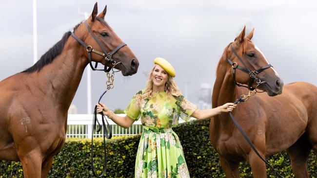 Ally Mosley with Yes Lulu and Snitzanova ahead of Magic Millions race day. Picture: Luke Marsden.