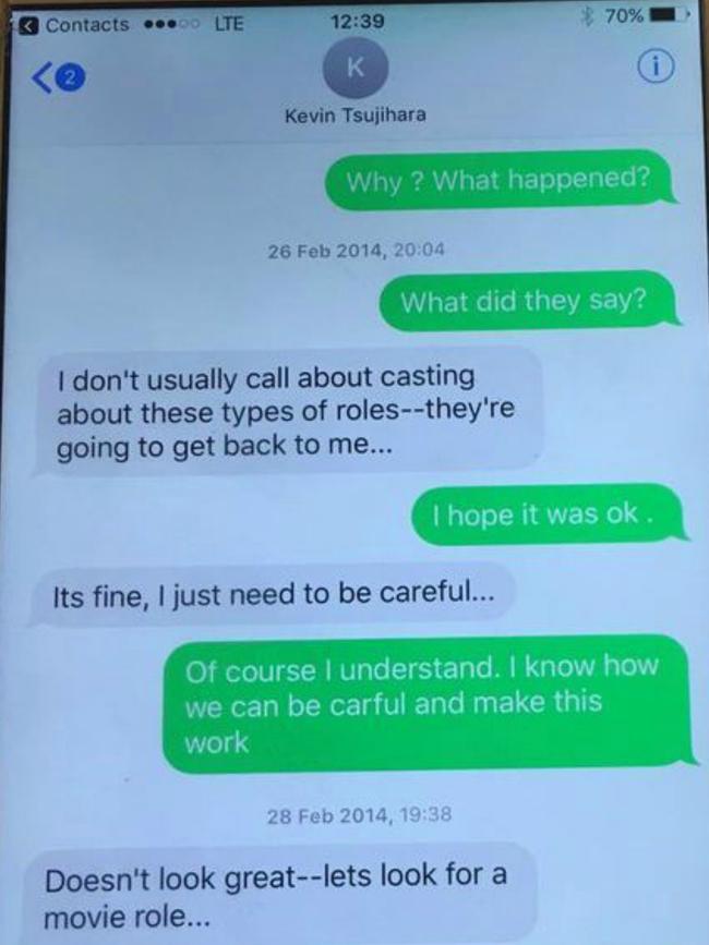 A text message exchange between Charlotte Kirk and Kevin Tsujihara in February 2014. Picture: Supplied