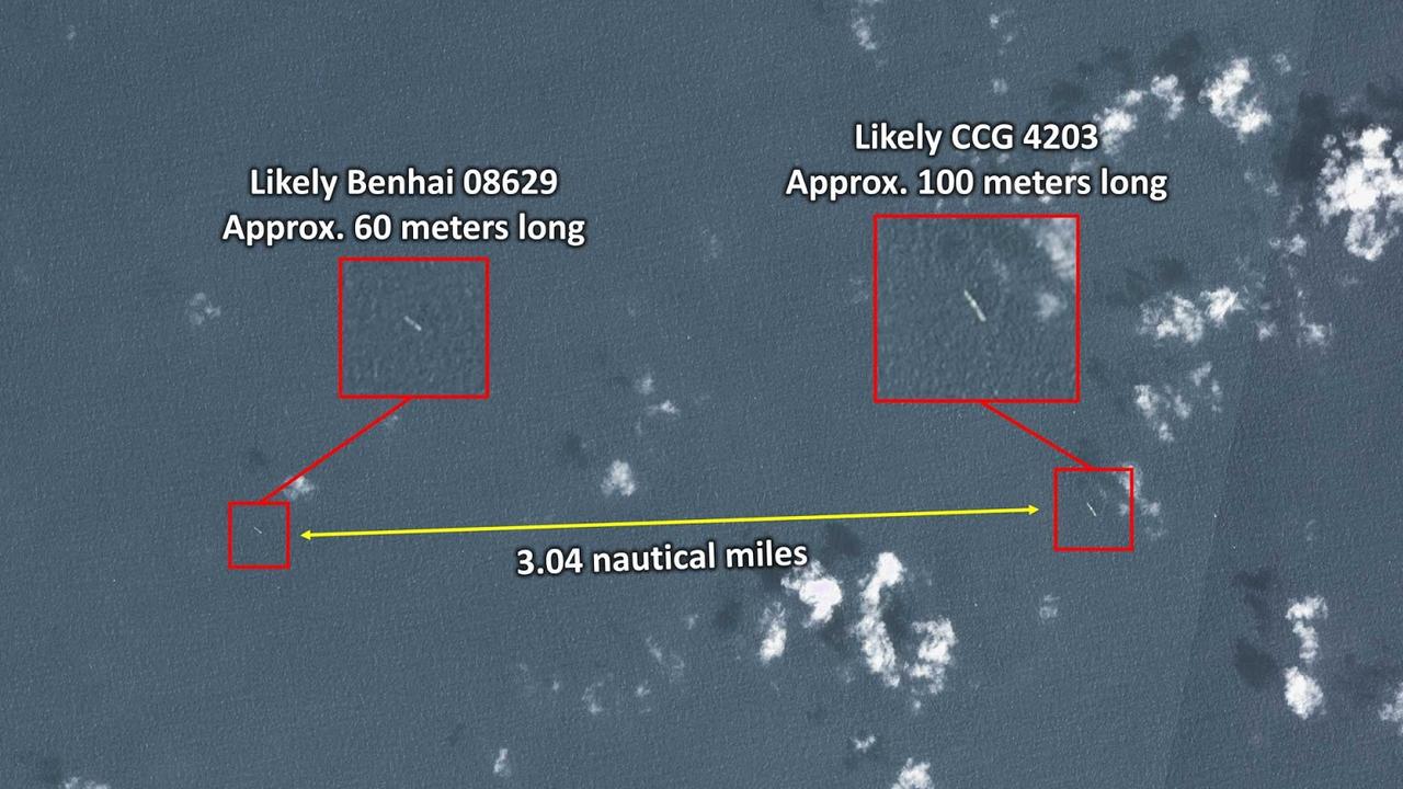 Satellite image showing what appears to be the Benhai 08629 and the CCG 4203 on March 10. Picture: Planet Labs/Radio Free Asia