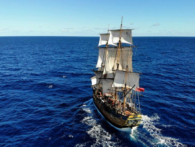 Drone photos of the Endeavour under full sail in the middle of the Coral Sea. Picture: Toby Zerna