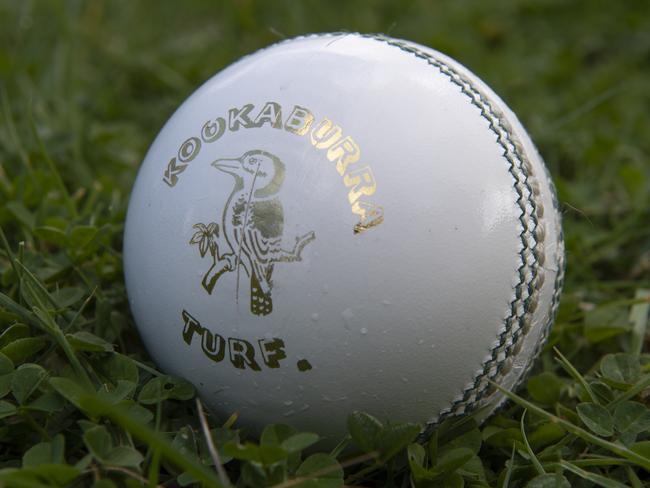 WHICHFORD, ENGLAND - MARCH 20:  White Kookaburra 'Turf' cricket ball, made from five layers of core & worsted yarn over a cork and rubber nucleus on March 20, 2019 in Whichford, Warwickshire, England. (Photo by Visionhaus)