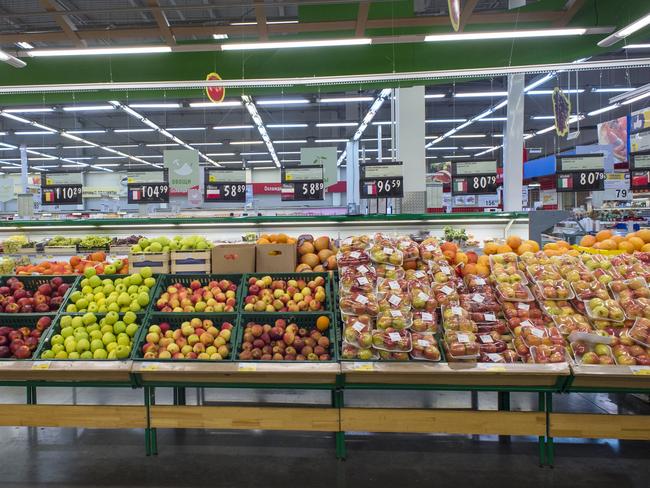 Shelves with imported fruit and vegetables at the Lenta market in Novosibirsk, about 2,800 kilometres east of Moscow, Russia. Picture: Ilnar Salakhiev