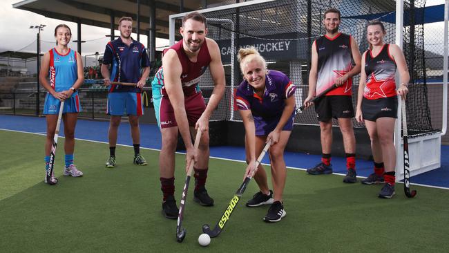 Cairns Hockey Association will resume it’s 2020 A-grade men’s and women’s competitions this Saturday, after they were postponed due to COVID-19 restrictions. Saints’ Liv McArthur and Cameron Anderson, Brothers’ Matt Sperring, Stingers’ Lola Pastrana and Souths’ Liam and Caitlyn Whipp are ready to do battle again. PICTURE: BRENDAN RADKE