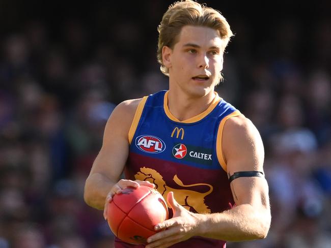 BRISBANE, AUSTRALIA - JULY 21: Will Ashcroft of the Lions kicks  during the round 19 AFL match between Brisbane Lions and Sydney Swans at The Gabba, on July 21, 2024, in Brisbane, Australia. (Photo by Matt Roberts/AFL Photos/via Getty Images)