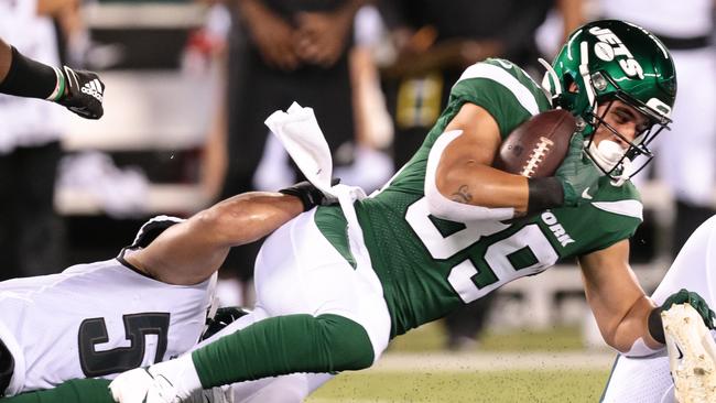 EAST RUTHERFORD, NJ — AUGUST 29: New York Jets running back Valentine Holmes (39) is tackled during the pre-season National Football League game between the Philadelphia Eagles and the New York Jets on August 29, 2019 at MetLife Stadium in East Rutherford, NJ. (Photo by Joshua Sarner/Icon Sportswire via Getty Images)