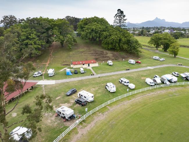 Aerial view of the stranded families at Murwillumbah Showgrounds. Picture: Danielle Smith