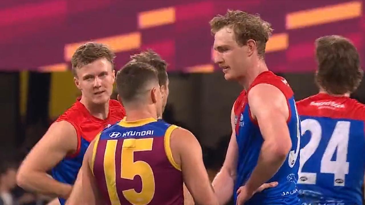 Petty and Zorko had a chat after the game. Photo: Channel 7