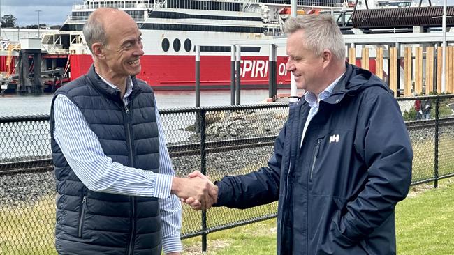 Energy Minister Guy Barnett and Premier Jeremy Rockliff announcing a new deal for the 1500MW Marinus Link undersea interconnector, September 3, 2023. Picture: Supplied