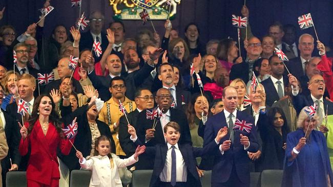 Catherine Middleton, Princess of Wales with her children, Princess Charlotte and Prince George, enjoy singing with Prince William and Queen Camilla at the Coronation Concert at Windsor Castle earlier this year. Picture: AFP