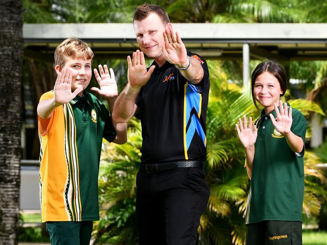 Boxer Jeff Horn at Thringowa State High School to engage kids with the AMAYDA Bullying Prevention Program. Pictured with students Alexander Palmer 12 and Hannah Paulsen 11.  Picture: Alix Sweeney