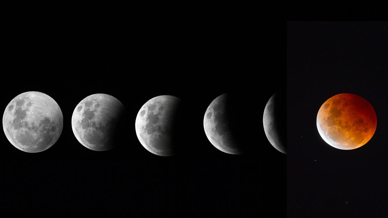 A composite image showing the progression of a total lunar eclipse from pictures taken in Brisbane. Picture: NCA NewsWire / Dan Peled