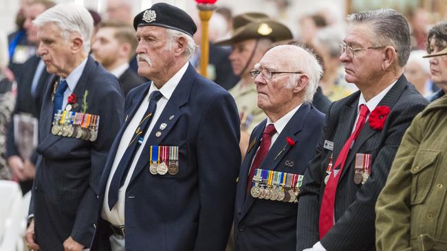 At Toowoomba Remembrance Day service are (from left) Naval Association of Australia Darling Downs subsection president Mike Prowse, Keith Shepherd representing the National Servicemens Association, 7th Signal Regiment (EW) Association president Mr JimDanskin and 25th Battalion Association secretary Brian Cook at Indoor Bowls Hall, Thursday, November 11, 2021. Picture: Kevin Farmer