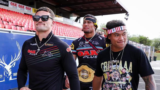 (Nathan Cleary, Stephen Crichton and Brian To'o at the Penrith Panthers fan day on Monday. Picture: David Hossack / NRL