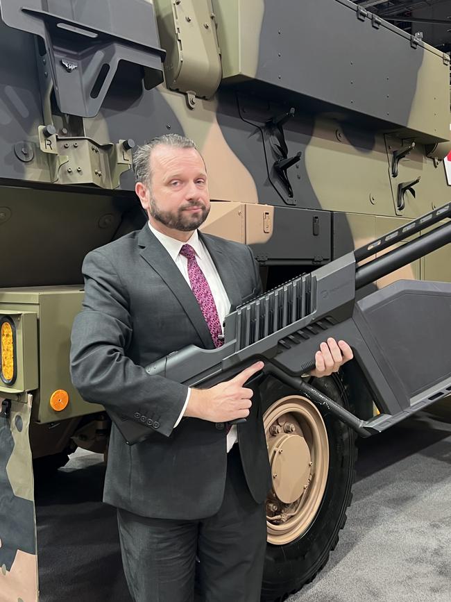 Red McClintock of Sydney firm Droneshield with a drone jamming gun at the London DSEI exhibition of defence and security equipment. Picture: Danielle Gusmaroli