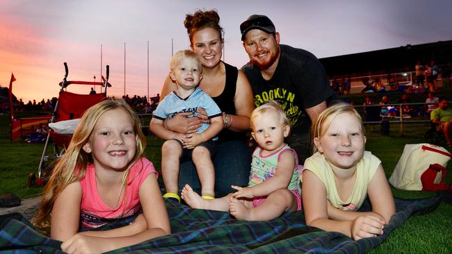 Scott and Tanay Trudgett of Goodna with their kids from left, Madalyn, 8, Elijah, 2, Harlee, 11 months, and Ayla, 6, on the eve of 2013 at North Ipswich Reserve. Picture: David Nielsen