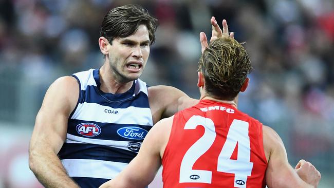 Tom Hawkins could be in strife for his jumper punch on Dane Rampe. Picture: Getty Images