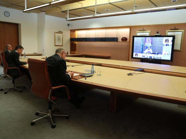 Prime Minister Scott Morrison, pictured taking part in the virtual G20 Leaders Summit to discuss the coronavirus crisis. Picture: Adam Taylor/PMO