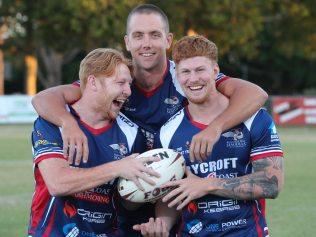 Runaway Bay players Alex Bishop, Harrison Muller and Guy Hamilton  last played in a Grand Final together for the Sunshine Coast Falcons in 2017. They lost, so they're hoping to go one better for Runaway Bay.  in the Grand final. Picture Glenn Hampson.