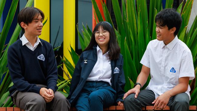 Daily Telegraph. 29, November, 2024.Bryton Lam, 14, Jessica Ly, 14, and Khaly Khun, 14, at Canley Vale High School, today, which is among the most consistent high performers in this year's NAPLAN.Picture: Justin Lloyd.