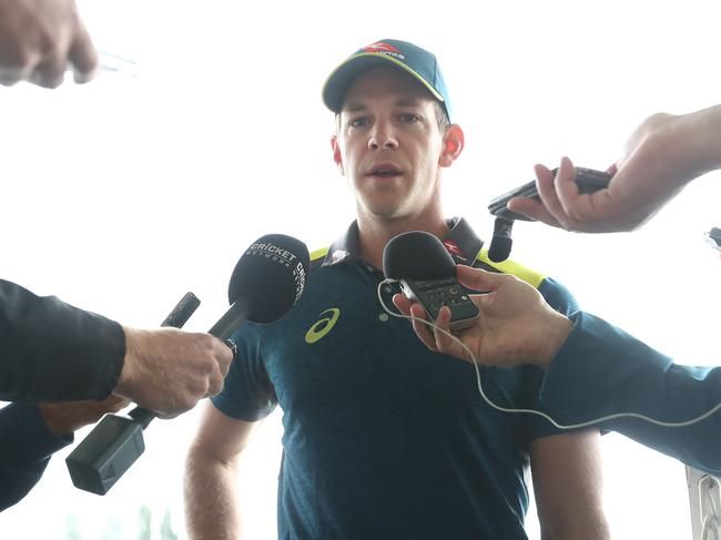 WORCESTER, ENGLAND - AUGUST 09: Tim Paine of Australia talks to media after the final day of the Tour match between Worcester and Australia at Blackfinch New Road on August 09, 2019 in Worcester, England. (Photo by Matthew Lewis/Getty Images)