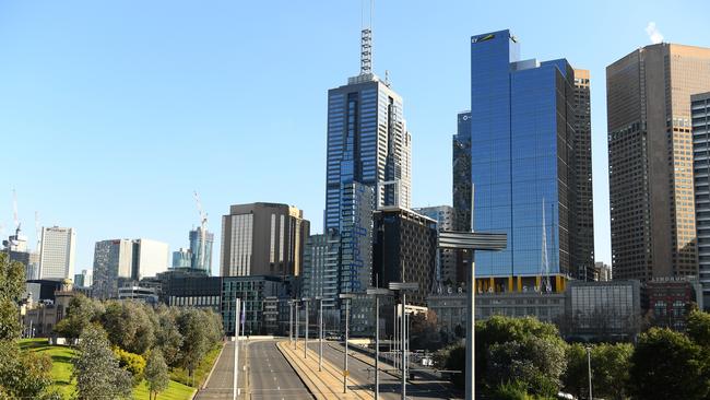 Empty streets around Melbourne CBD after stage four restrictions shut the city down. Picture: Quinn Rooney/Getty Images