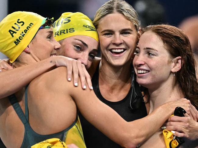 Australia’s gold medal winning 4x100m women’s relay team; Emma McKeon, Meg Harris, Shayna Jack and Mollie O'Callaghan (L-R) Picture: Manan Vatsyayana/AFP