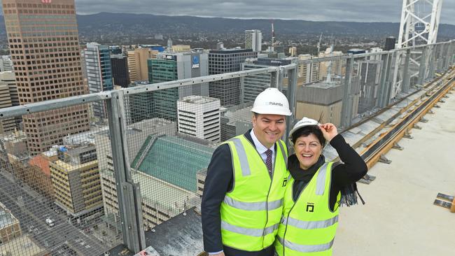 Developer Daniel Palumbo and his mother Maria at the top of the new Sofitel hotel on Currie Street on Tuesday. Picture: Tom Huntley