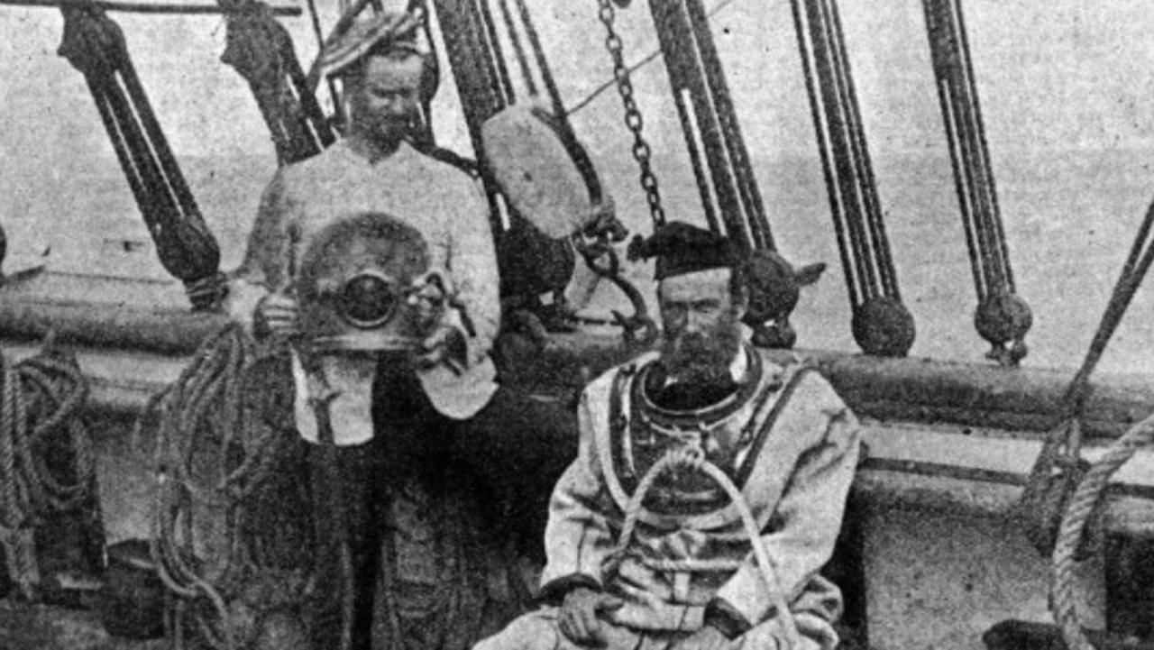 Captain Porter and J. C. Outridge on the deck of ship Crest of the Wave in 1899, the only boat to survive Cyclone Mahina in Cape York, 1899.