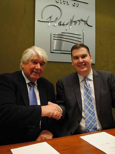 Dr Hemmerling and Mr Docherty in 2015 after he was signed as the local authority's chief executive officer. Picture: Playford Council