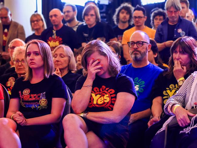 SYDNEY, AUSTRALIA - OCTOBER 14:  A woman reacts during a speech by Campaign Director of Yes 23 Dean Parkin at the Inner West for 'Yes2023' official referendum function at Wests Ashfield Leagues Club on October 14, 2023 in Sydney, Australia. A referendum for Australians to decide on an indigenous voice to parliament was held on October 14, 2023 and compelled all Australians to vote by law. Early voting began on Oct. 2, and activity has been intensifying in both the YES and NO camps, with multiple polls showing the YES campaign headed for defeat nationally. Australia requires a "double majority" of both the states and voters across the country to trigger constitutional changes, with most referendums in the past having failed. (Photo by Jenny Evans/Getty Images)